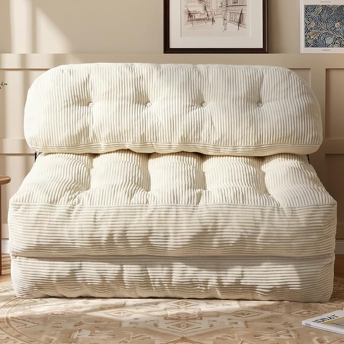 Folding Sofa Bed, Convertible Sleeper Chair with Back Support and Pillow Futon, Boneless Matress, for Living Room/Guest Use/Home Office, Foldable Chair Bed for Adults, Beige, Full