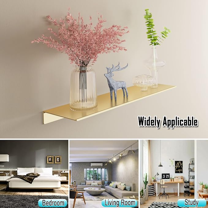 HNVNER Metal Floating Shelves, Set of 2, Brushed Gold Wall Shelves Picture Ledge, Shower Caddy Wall Mounted, Decorative Display Shelf for Bedroom, Living Room, Bathroom, Office