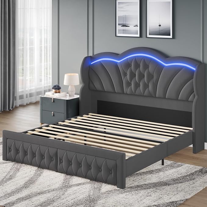 Keyluv Queen Bed Frame with LED Lights and 2 Storage Drawers, Velvet Upholstered Platform with 47" Tall Arc-Shaped Wingback Headboard and Button Tufted Design, No Box Spring Needed, Noise-Free, Gray