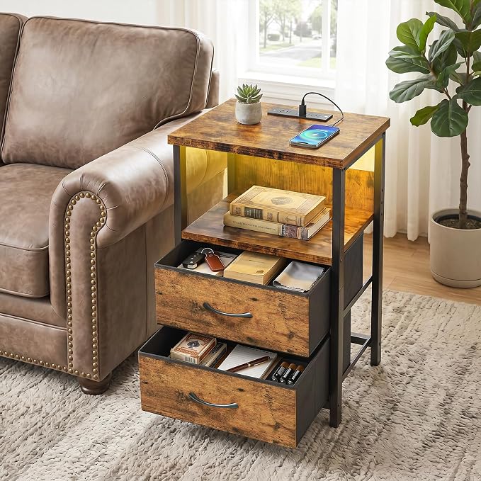 Fixwal Night Stand with Charging Station, LED Nightstand with U-S-B Ports and Outlets, 2 Fabric Storage Drawers with PU Finish, Bedside Table, Rustic Brown
