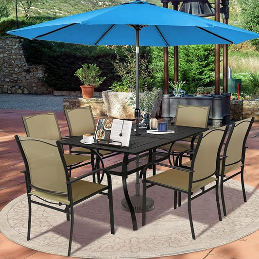SUNCROWN 8 - Piece Outdoor Dining Set, Patio Furniture Set with 6 Textilene Dinning Chairs, 1 Rectangle Metal Table and 1 Sky Blue 9Ft Patio Umbrella for Lawn Garden Backyard Deck, Brown