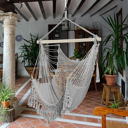 Hammock Chair,Max 330lbs, Large Hanging Chair, Soft Cotton Rope Swing Chair with High Load-Bearing Metal Rod,Indoor Outdoor Garden Yard Living Room Use