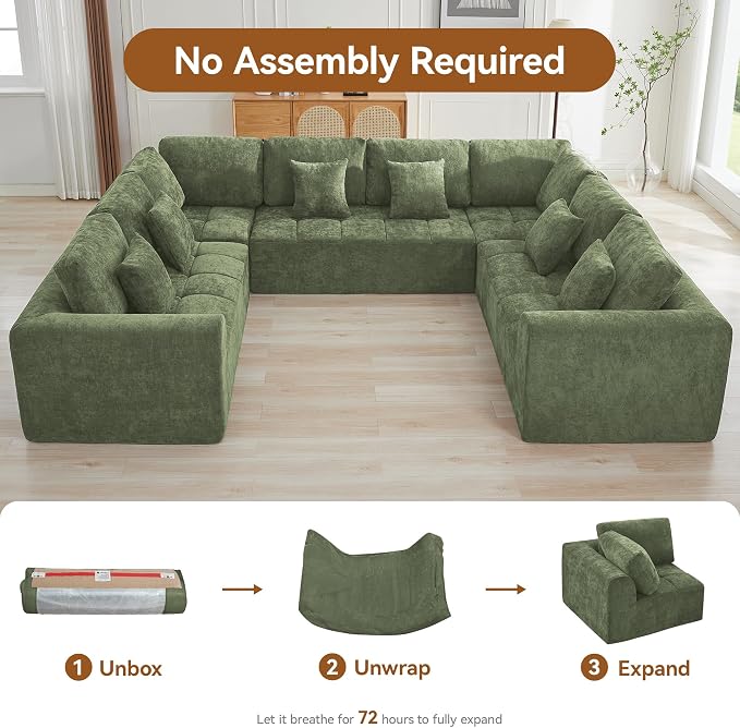 140''Modular Sectional Couches for Living Room, Cloud Boneless Compressed Sectional Sofa, Oversized U Shaped 8 Seater Upholstered Memory Foam Sofa, No Assembly, Chenille Green
