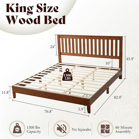AMERLIFE King Bed Frame, Solid Wood Platform Bed with Vertical Slats Headboard, Wooden Bedframe King-Size, Sturdy Wooden Slats Support, No Box Spring Needed, Noise Free, Walnut