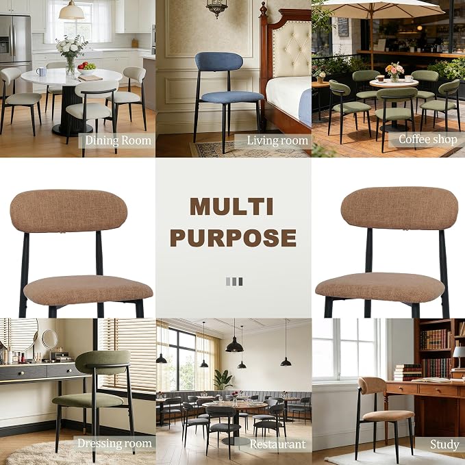 FREKEN Modern Upholstered Dining Chairs Set of 6, Mid-Century Metal Frame Linen Fabric Side Chair for Kitchen Dining Room, 350lbs Capacity, Brown