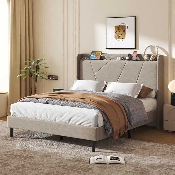Full Size Linen Bed Frame, Storage Headboard with Charging Station, Upholstered Platform Bed with Wooden Slats Support, Solid and Stable, Noise Free, No Box Spring Needed, Easy Assembly, Beige