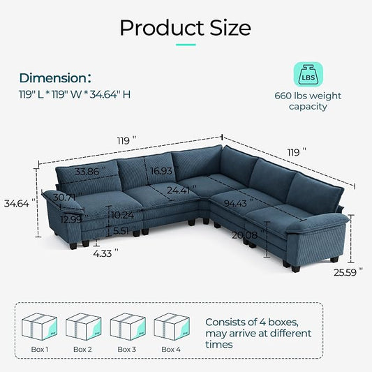 LINSY HOME Modular Sectional Sofa 5 Seat Couch Corduroy Cloud Couch with Deep Seat, Modern V-Shaped Cloud Couch for Living Room, Office, Bedroom, Blue