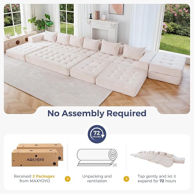 MAXYOYO Modular Sectional Sofa Couch, Foldable U Shaped Cloud Couch with Pillows, Tufted 7-Seat Boneless Lounger Floor Sofa Bed for Living Room, No Assembly Required, Beige