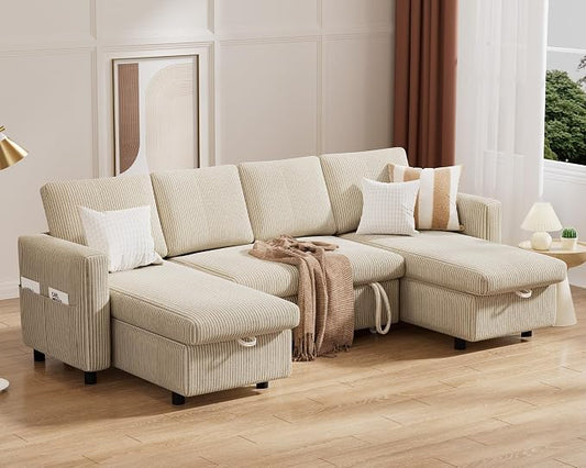 Vipbear 104" Sectional Sleeper Sofa Bed with Pull Out Bed, U Shaped Couch Pull Out Couch with Reclining Backrest, Reversible Storage Chaise, USB Ports, Tool-Free Assembly, Corduroy Beige