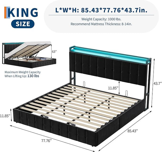 Garvee King Size Lift Up Storage Bed with LED Lights, Upholstered Velvet Bed Frame with Storage Headboard & Charging Station, Metal Platform Bed, No Box Spring Needed, Solid Wooden Slats, Black