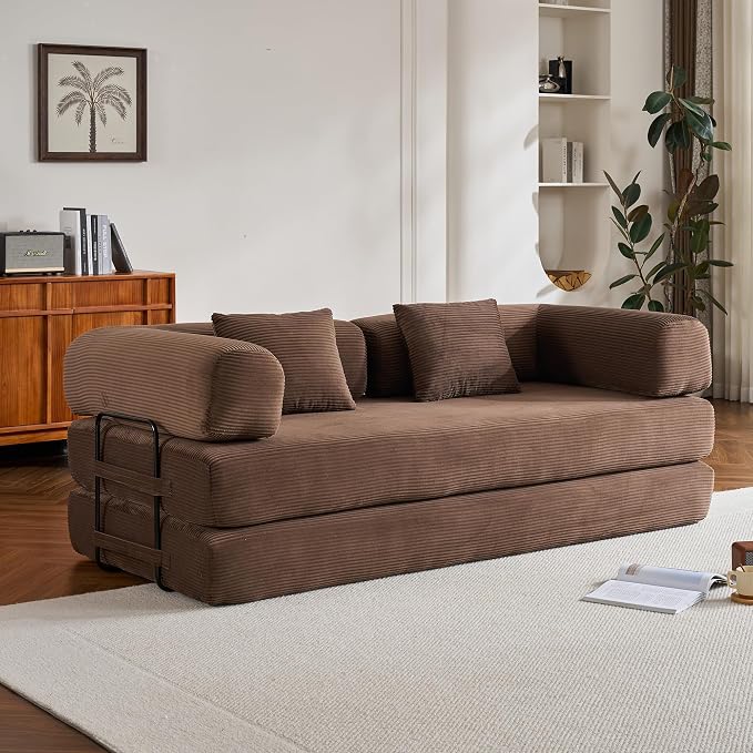 ZEIINPA Convertible Sleeper Sofa Bed, Corduroy Floor Couch with Fixed-Shape Frame, Comfy Modular Floor Sofa with Pull Out Bed, Sleeper Loveseat Boneless Couch for Living Room, Brown