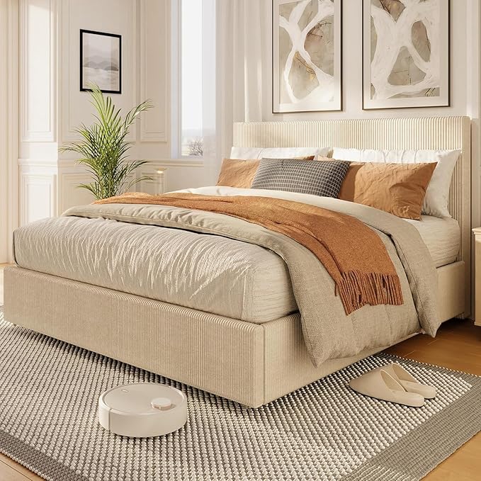 IDEALHOUSE King Size Bed Frame with 4 Storage Drawers, Corduroy Upholstered Bed Frame with Tufted Wingback Headboard, Strong Wooden Slats Support, No Box Spring Needed, Beige