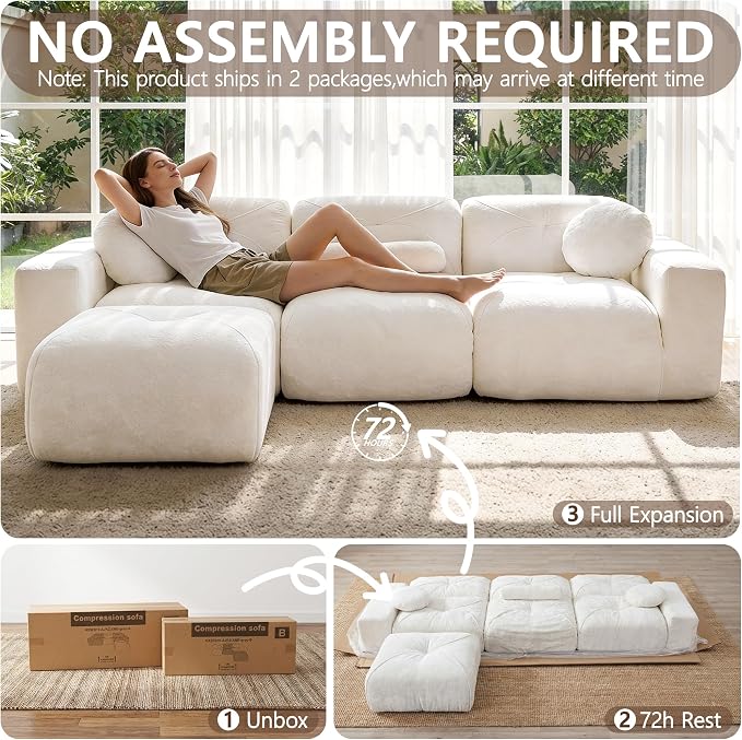 112" Modular Sectional Cloud Couch, L Shaped Sofa Boneless Couches with Movable Ottoman, 3 Deep Seat Modern Comfy Velvet Sofa for Living Room, Bedroom, Apartment (Beige)
