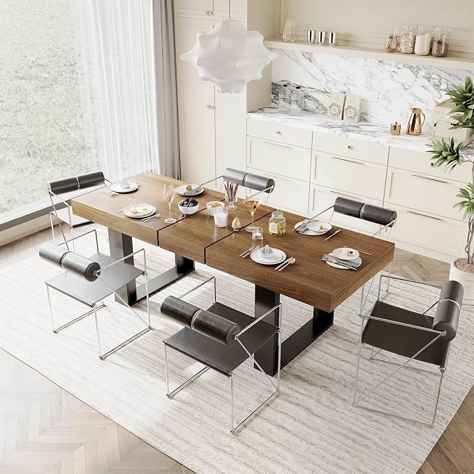 STHOUYN Farmhouse Rustic Extendable Dining Room Table for 8 10, 70.9" (86.6") x 31.5", Rectangular Dinner Table for 6-10, Mid Century Modern Expandable Retractable Wooden Kitchen Table (Brown)
