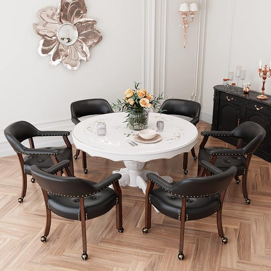 LEEMTORIG Set of 6 Dining Chairs with Casters and Arms, Large Rolling Dining Chairs with Wheels, Accent Game Table Chairs, Solid Wood Boss Caption's Chairs, Espresso Legs & Black, SY-318-BK