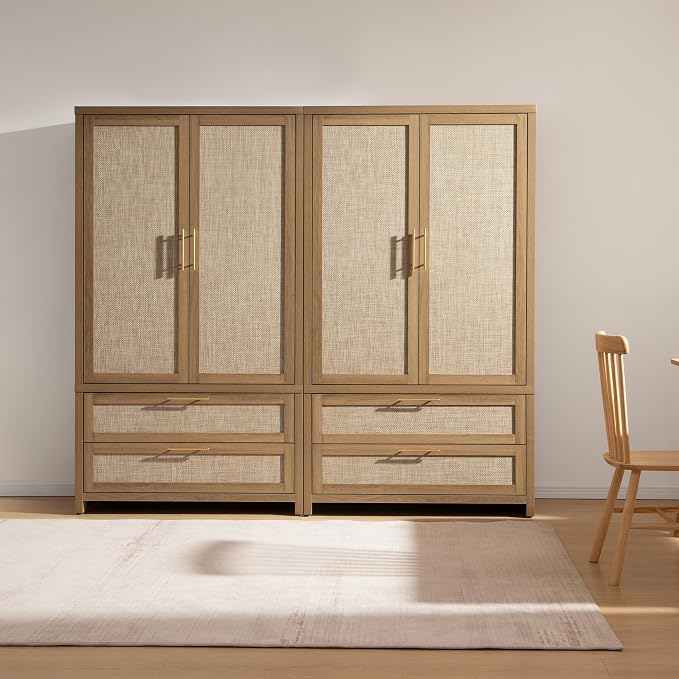 SICOTAS Larger Armoire Wardrobe Closet, 71" Tall Rattan Freestanding Wardrobe Cabinet with Storage and 2 Drawers, Boho Clothes Organizer with Hanging Rod for Bedroom, Oak (2 Pieces)