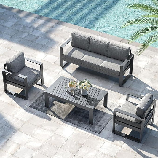 LayinSun Outdoor Patio Aluminum Sofa, Metal Modern 3-Seat Couch with Washable Thick Cushions