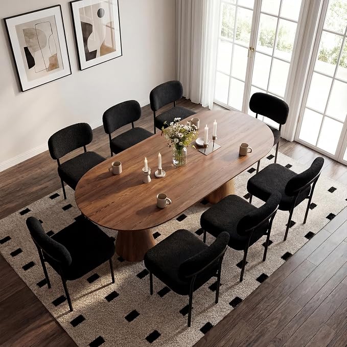 Black Boucle Dining Chairs Set of 2 | 4.3" Thicken Cushion, Kitchen Dining Room Chairs, Curved Backrest, Comfortable Upholstered, Mid Century Modern