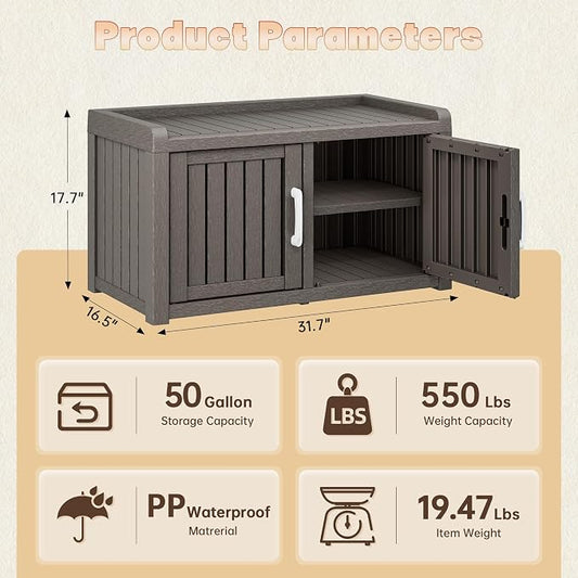 2-Tier Storage Bench, Waterproof UV-Resistant Outdoor Shoe Storage Cabinet with 2 Doors & Adjustable Shelves for Indoor Outdoor Entryway, Hallway, Living Room (Classic Grey)