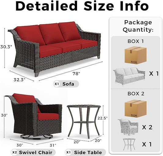 4 Pieces Patio Conversation Furniture Set - 1 Sofa, 2 Swivel Chairs, 1 Side Table, Outdoor Wicker Furniture with Removable Cushions for Porch, Balcony, Sunroom (Red)