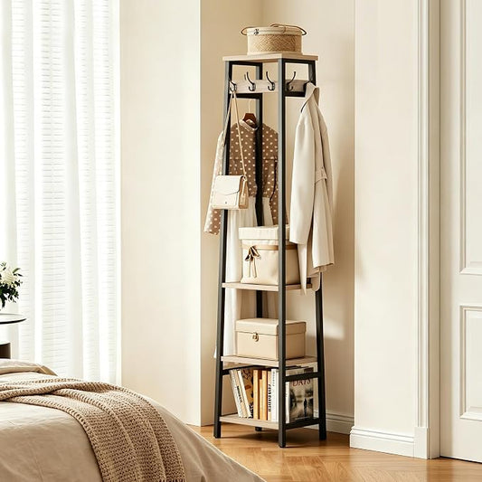 Coat Rack Freestanding, Coat Stand with 3 Shelves and 7 Hooks, Hall Tree Free Standing, Clothes Rack Stand Organizer, Industrial Style, Greige and Black