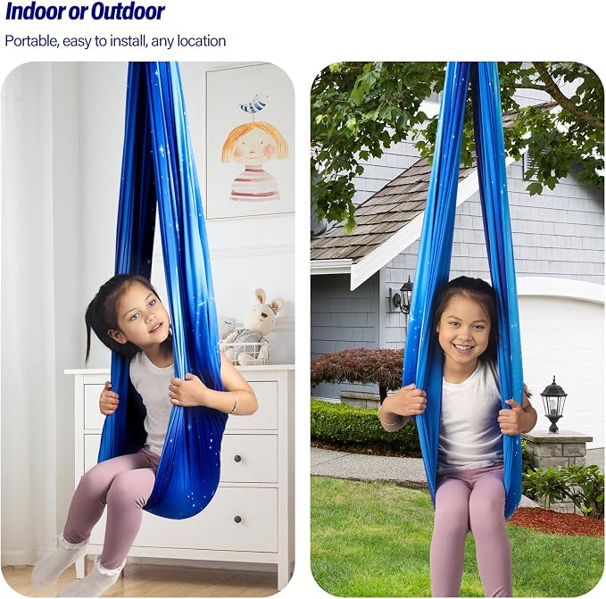 Sensory Swing for Kids & Adults Holds up to 300lbs Indoor & Outdoor Double Layer Therapy Cuddle Swing with 360° Swivel Hanger Kit for Calming, Effect for Autism, ADHD or SPD. (Star Blue)