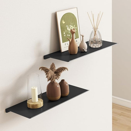 MKO 2 Pack 12" Floating Shelves for Wall, Metal Wall Mounted Shelf for Bathroom, Bedroom, Living Room, Kitchen, Little Hanging Shelves for Books/Storage/Room Decor, Black
