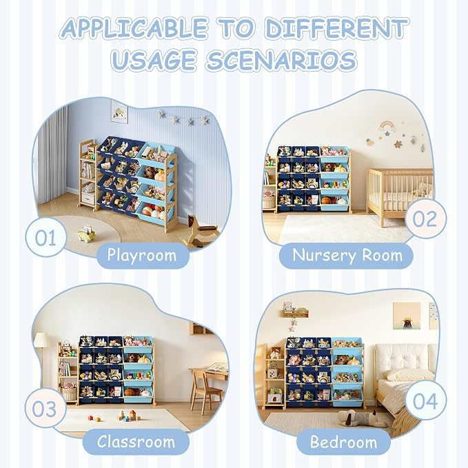 EXPERLAM Toy Storage Organizer, Toy Storage Shelf with 3 Shelves and 16 Storage Bins (12 Small + 4 Large), 3-in-1 Kids Bookshelf for Kids Rooms, Playroom, Nursery, Blue
