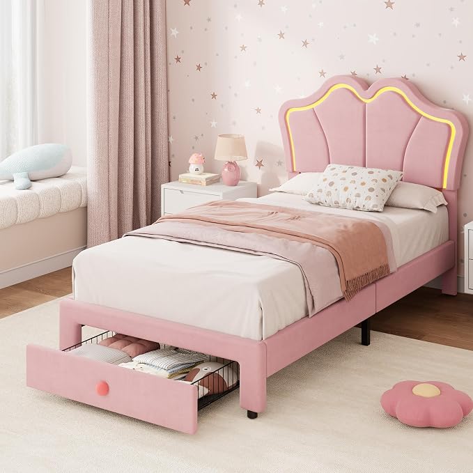 Garvee Twin Bed Frame with Storage, Upholstered LED Bed Frame with Headboard, Cute Velvet Platform Bed Frame for Kids, Girls, Solids Wood Slats Support, No Box Spring Needed, Easy Assembly, Pink