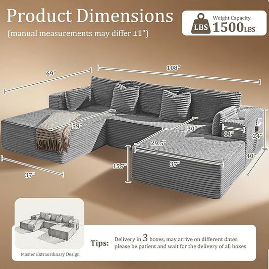 108" Oversized Cloud Sectional Couch, Comfort U Shaped Boneless Couch for Living Room, Extra Deep Seats No Assembly, Modular Sofa, Corduroy (Light Grey, 2 Seater+Right Facing Chaise+Ottoman)
