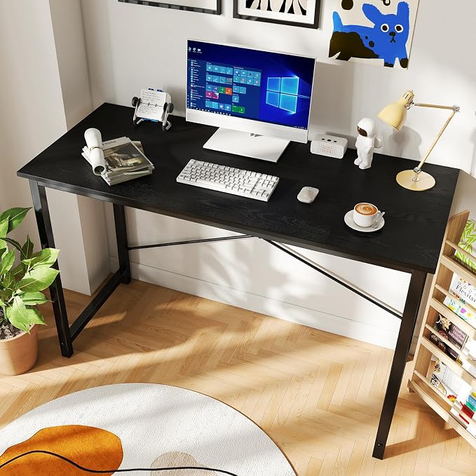 Sweetcrispy Computer Office Desk 48 Inch Student Study Writing Work with Metal Frame Wood Tabletop Modern Simple PC Home Bedroom Table - Basic Black, Compact Sturdy Desk for Laptop, Study, Gaming