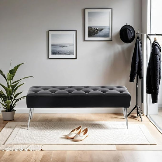 DUHOME Button-Tufted Ottoman Bench, Upholstered Bedroom Benches Footrest Stool Leather Accent Bench for Entryway Dining Room Living Room Bedroom End of Bed, Black