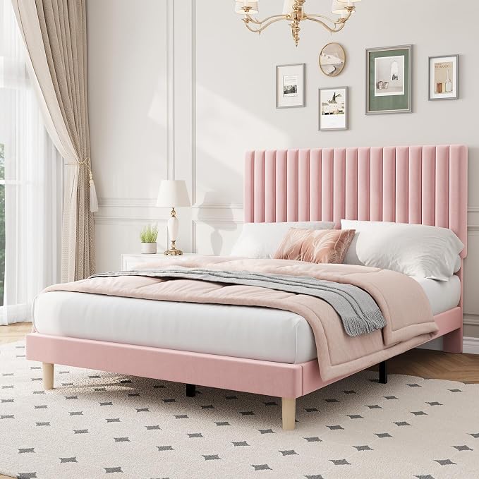 IDEALHOUSE Full Bed Frame with Adjustable Headboard, Velvet Upholstered Platform Bed Frame Full Size, Strong Wooden Slats, No Box Spring Needed, Easy Assembly, Pink
