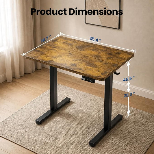 35" x 20" Electric Standing Desk, Compact Height Adjustable Desk for Small Spaces, Small Ergonomic Sit Stand Workstation for Home Office Bedroom Apartment (Rustic Brown)