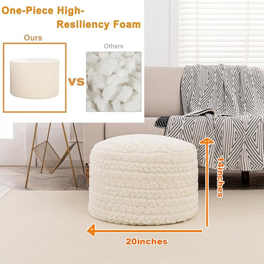 Round Pouf Ottoman 20 x 20 x 14 Inches Boho Poof Home Decor Floor Pouffe Ottoman Foot Rest for Couch Sofa Bean Bag Chairs Living Room Bedroom (Cream)