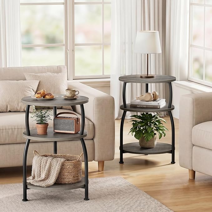 Round Side Table, 3-Tier End Table with Storage Shelf, 15.7" Wide Nightstand for Small Spaces, Tall Sofa Table Capable of Holding Laptops & Lamps, Bedside Table for Bedroom & Living Room, Grey