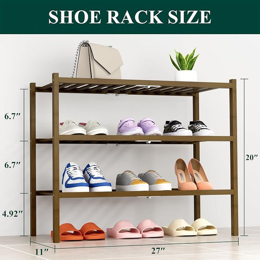 Smiry Bamboo Shoe Rack, 3 Tier Free Standing Wooden Shoe Organizer, Stackable Wood Shoe Storage Shelf for Closet, Entryway, 14 Vertical Slats, 2+1 Stack Heavy-Duty Legs, 26.8"x11"x19.5", Walnut