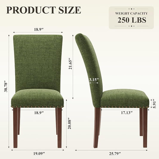 COLAMY Upholstered Parsons Dining Chairs Set of 2, Fabric Dining Room Kitchen Side Chair with Nailhead Trim and Wood Legs - Green