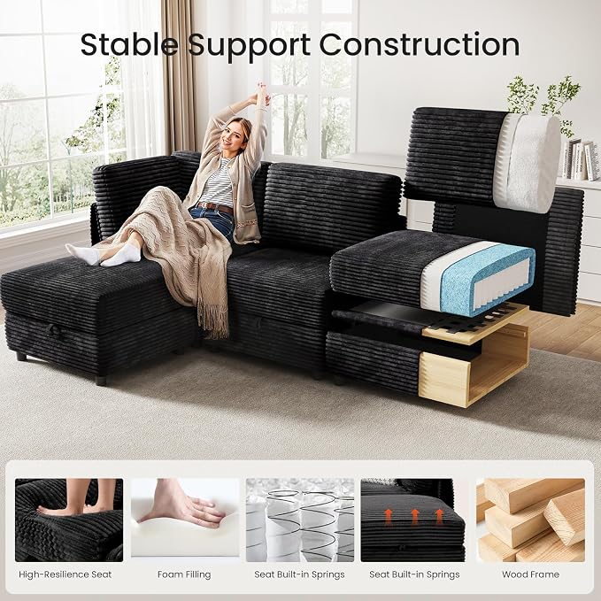 KKL Modular Sectional Sofa V-Shaped 6 Seater Couch with Storage Ottoman, Convertible L/J-Shaped Couch and Sofa Bed Plush Wide-Wale Corduroy for Living Room, Apartment, Modern Design, Black