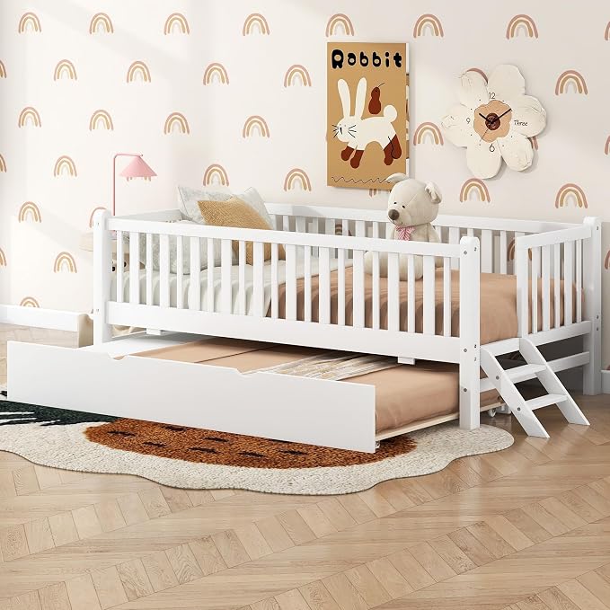 Merax Wood Twin Size Platform Bed with Guardrail and Trundle, Kids Bed Frame with Stairs, White
