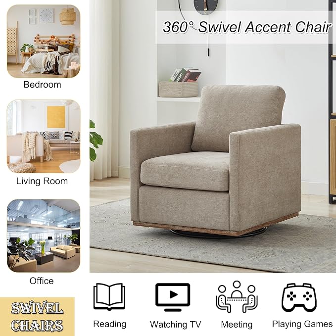 Swivel Accent Chair Set of 2, 360 Degree Square Swivel Barrel Chair for Living Room, Mid Century Modern Upholstered Accent Chair,Comfy Sofa Armchairs for Bedroom,Nursery, Chenille, Taupe