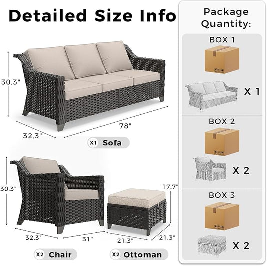 5 Pieces Patio Conversation Furniture Set - 1 Sofa, 2 Armchairs, 2 Ottomans, Outdoor Wicker Furniture with Removable Cushions for Porch, Balcony, Sunroom (Beige)