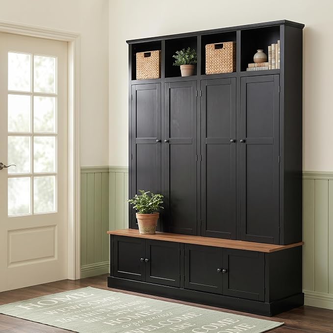 Hall Tree with Bench and Shoe Storage,Shoe and Coat Rack with Drawer and Hooks,Farmhouse Furniture for Entryway,Mudroom,Living Room,Black (Black, 59" W)
