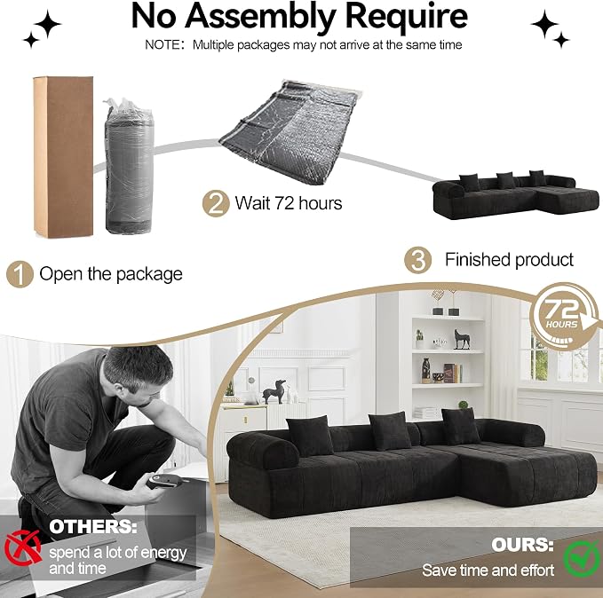 119'' Curved Boneless Sofa Couch, 3 Seat Cloud L Shaped Deep Seat Couches for Living Room, No Assembly Modular Sofa with Right Chaise Lounge, Black