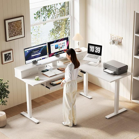 OffiGo 59 Inch L Shaped Electric Standing Desk with Drawers, Height Adjustable Corner Computer Desk with Keyboard Tray & Monitor Stand, Stand Up Table for Home Office Workstation, White