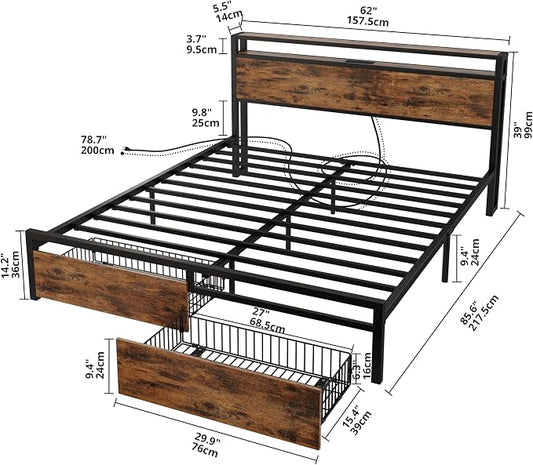LIKIMIO Queen Bed Frame with Storage Headboard, Platform Bed with Drawers and Charging Station, No Box Spring Needed, Easy Assembly, Vintage Brown