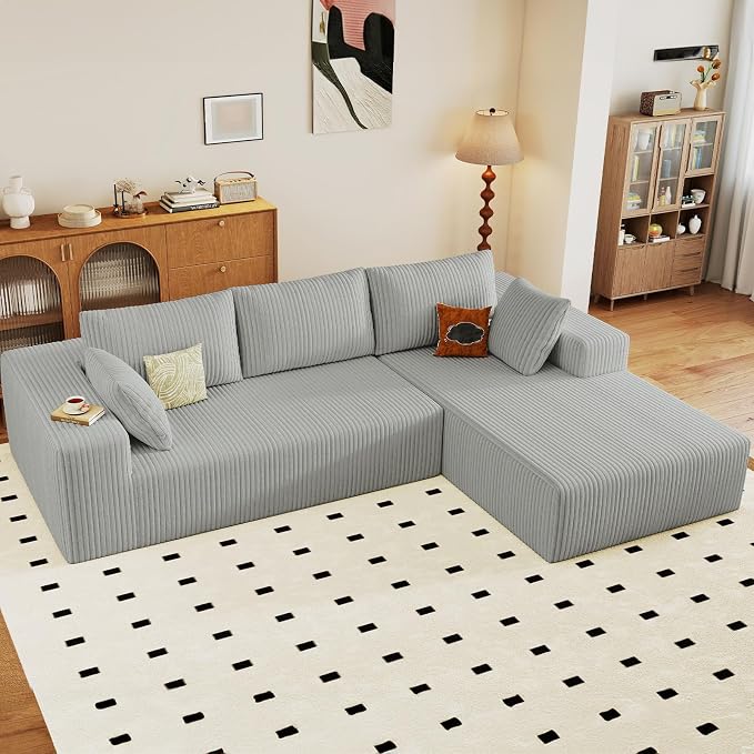 96" Modular Sectional Sofa, Modern Corduroy Cloud Couch with Deep Seat, Boneless Couch Upholstered 3-Seater L-Shaped Sofa for Living Room, No Assembly Required (Light Grey, Right-Facing Chaise)