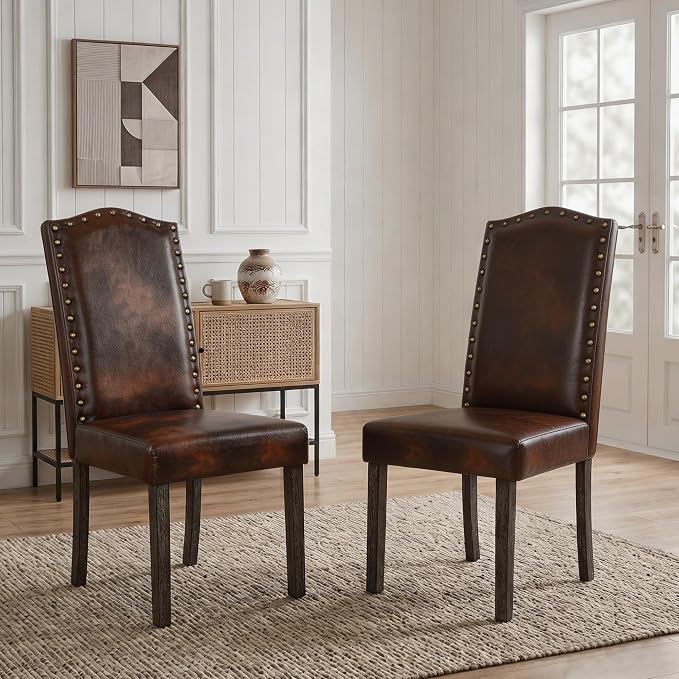 LSSBOUGHT Dining Chair Upholstered Parsons Kitchen Chair with Copper Nails and Solid Wood Legs (Vintage Brown-pu, Set of 6)