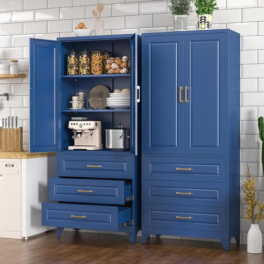 Polup Metal Storage Cabinet,75" Tall Kitchen Pantry Storage Cabinet with Doors and Adjustable Shelves, Blue Metal Pantry Cabinets with 3 Drawers, Large Cupboard for Dining Living Room, Bathroom