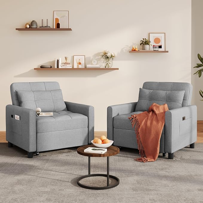 Ahomly Sleeper Sofa Chair Bed, Convertible Sofa Chair 3-in-1, Adjustable Sleeper Chair Pullout Sofa Bed with Modern Linen Fabric for Living Room Apartment Small Space, Grey